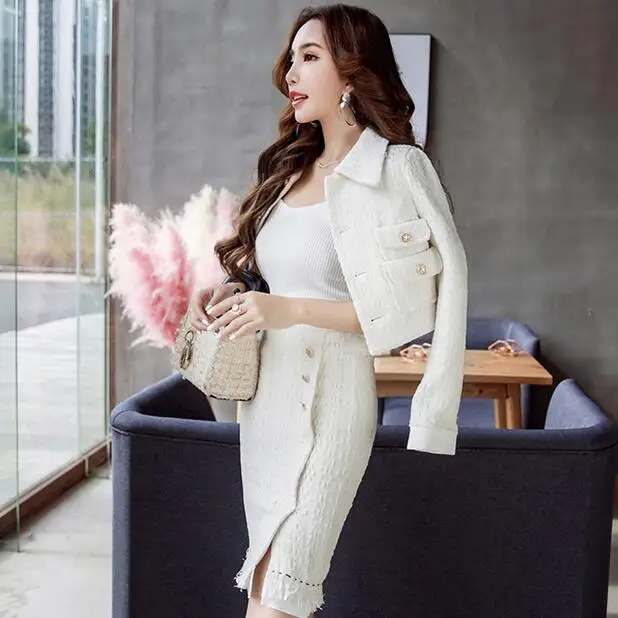 Подиумная белая шерсть &quotтвид&quot юбка костюм 2019 зима женский комплект 2 шт. бант