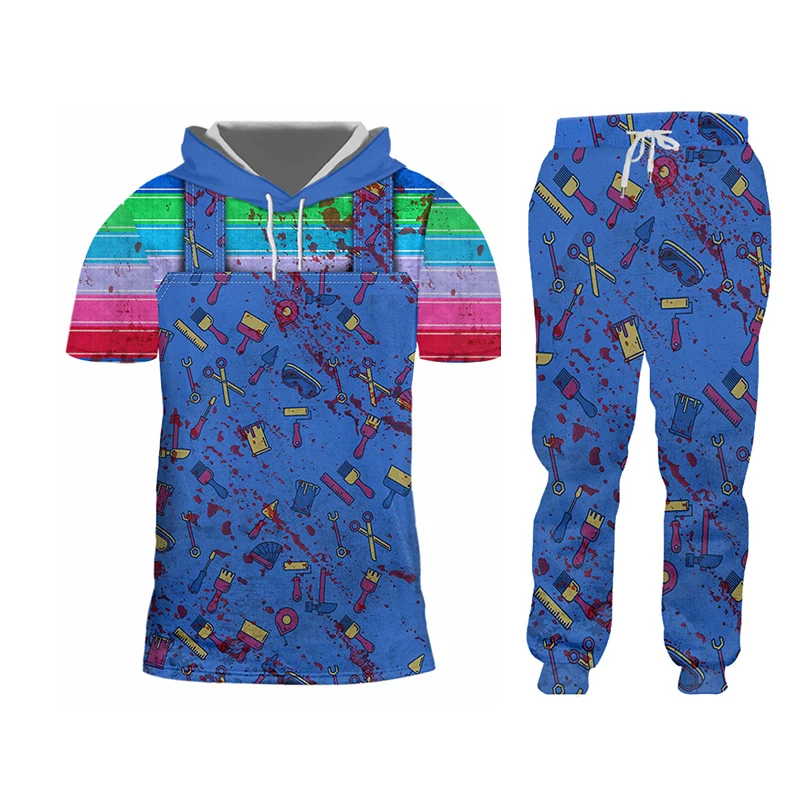 UJWI Summer 2 Piece Set Black Rainbow denim fake two pieces Short Sleeve Print Tank Tops Shorts Mens Sets Gym Sleeveless Hoodie | Мужская
