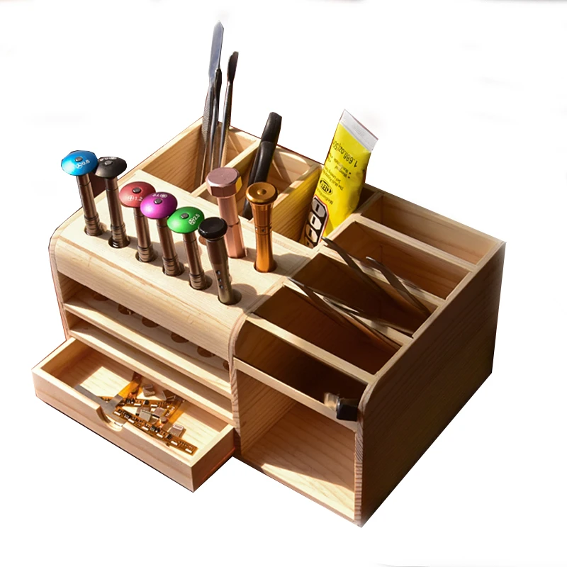 

ToolGuide Wooden Storage Box Screwdriver Tweezers Holder Mobile Phone Repair Desktop Reception Tool Parts Box