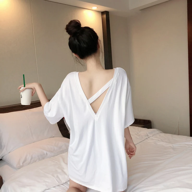 

Mid-Length Pure Cotton White T-shirt Women's Short Sleeve Loose Slimming Scheming Backless Summer Wear 2021new Top