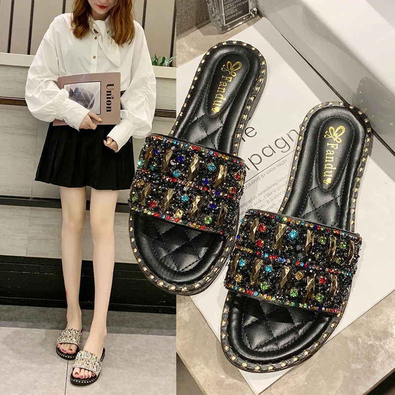 

Internet Hot Slippers Women's Outdoor Fashion 2021 New Summer Flat Semi Slippers All-Matching Rhinestone Silippers Ins Fashion