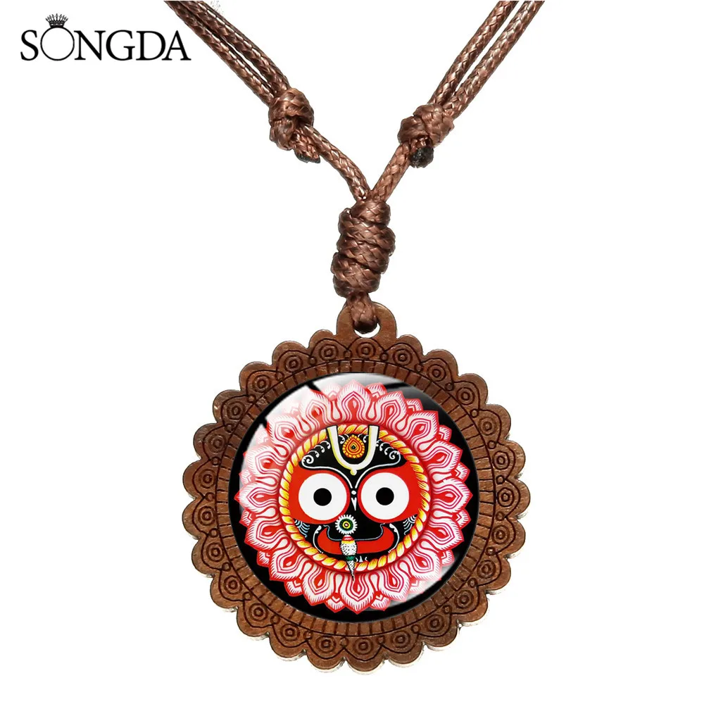 

SONGDA New Arrival Hindu God Jagannath Wood Necklace Pendant Flower Face 4 Style Rope Chain Necklace For Women Men Jewelry