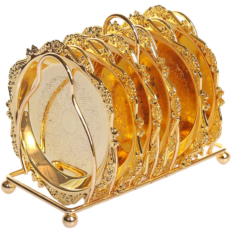 6pc Classical Golden Cocktail Metal Coaster Continental Vintage Zinc Alloy Plated Gold Plated Mat placemat diameter 10.5cm WF