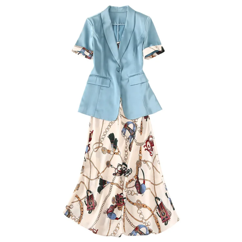 

Женская одежда, комплект из двух предметов, синий Блейзер и платье миди с принтом и V-образным вырезом, летний сарафан