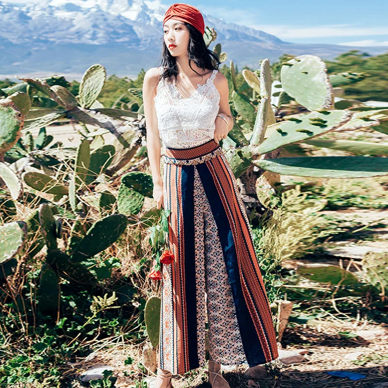 

Женские брюки в этническом стиле, Длинные винтажные мягкие брюки в стиле бохо с высокой эластичной талией, расклешенными штанинами и принтом, Новинка лета 2020