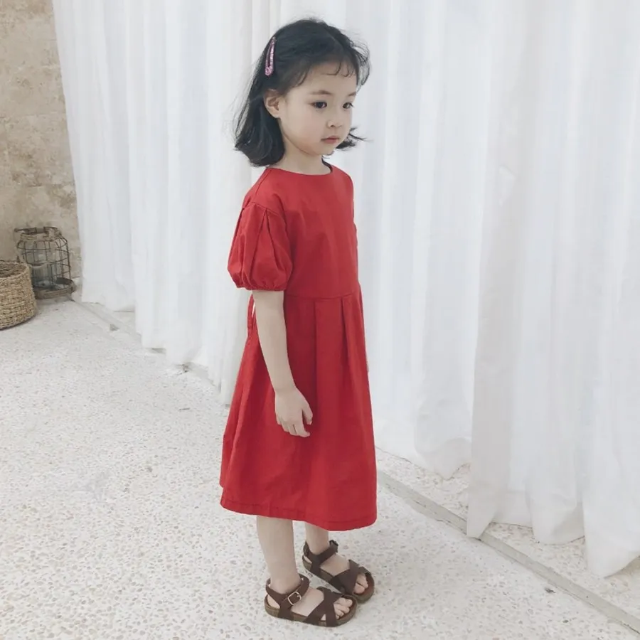 

baby girls dress summer Red cute puff sleeve cotton dress fashion Solid color waist dress long dress