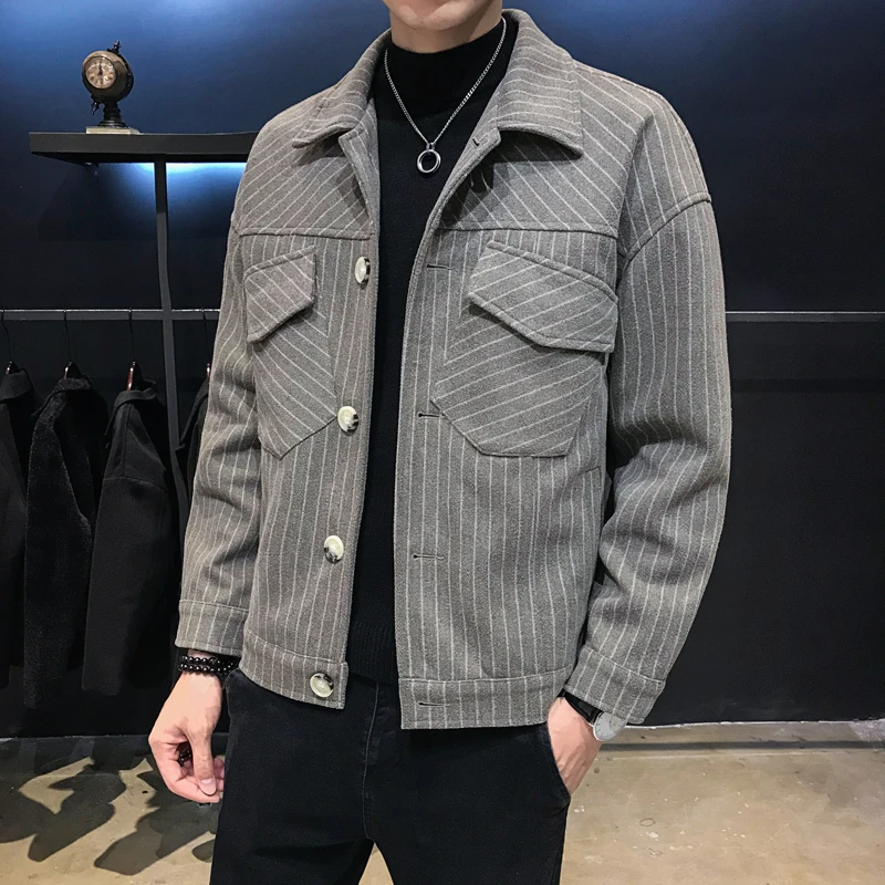 2019 мужское свободное шерстяное пальто осенние и зимние куртки короткий Тренч в