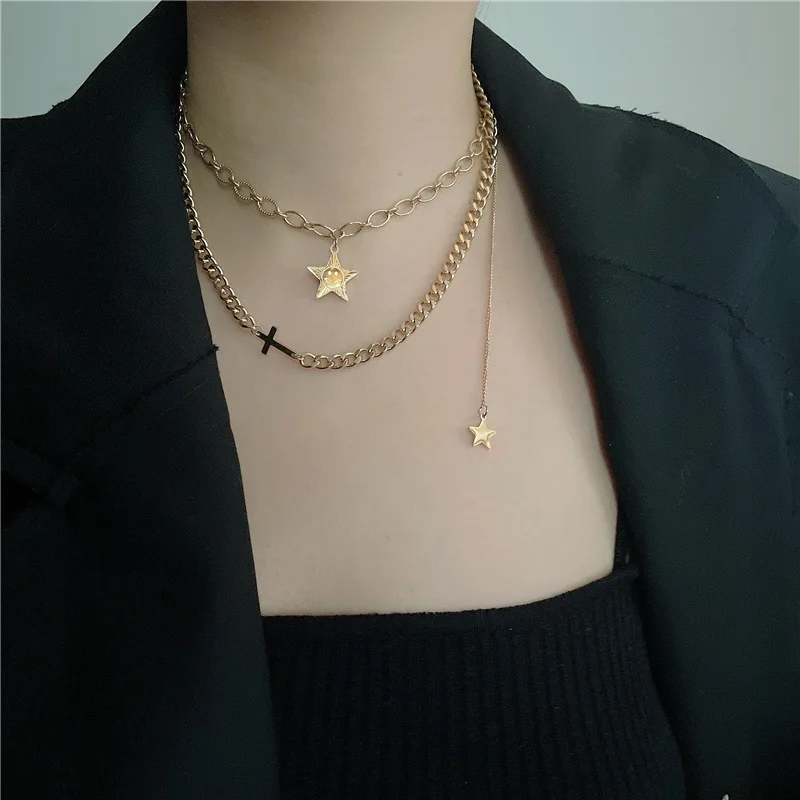 

Cold Necklace European and American Ins Wind Stainless Steel Five-pointed Star Cross Pendant Multi-layered Female Clavicle