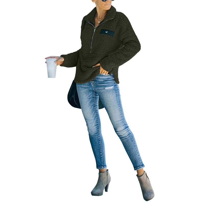 

Hirigin 2021 Women Zipper Plush Sweater Adults Solid Color Long Sleeve Stand Collar Outerwear Streetwear Coat for Autumn,Winter