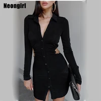 neongirl black waist hole chain button up solid sexy bodycon polo collar elegant clubwear dresses women office lady workwear