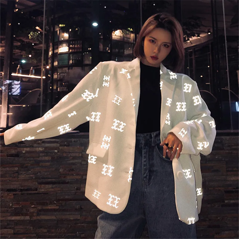 Уличная одежда женские белые блейзеры пальто флуоресцентный принт длинный рукав