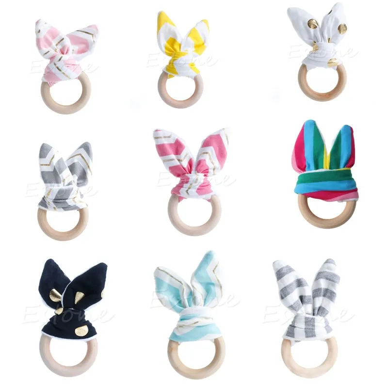 

Wooden Bunny Rattle Toy BPA Free Wood Ring Baby Teether Rodent Baby Gym Mobile Rattles Newborn Educational Toys Bunny Teether