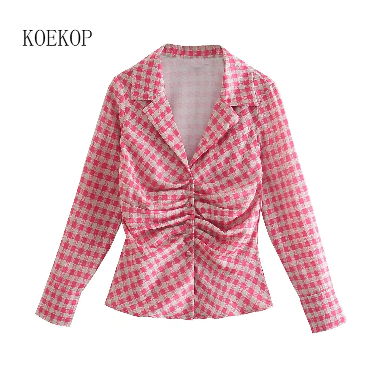 

Koekop Women Fashion Gathered Check Shirt V-neck with Lapel Collar Long Sleeves Chic Lady Pink Fitted Blouse Top Woman