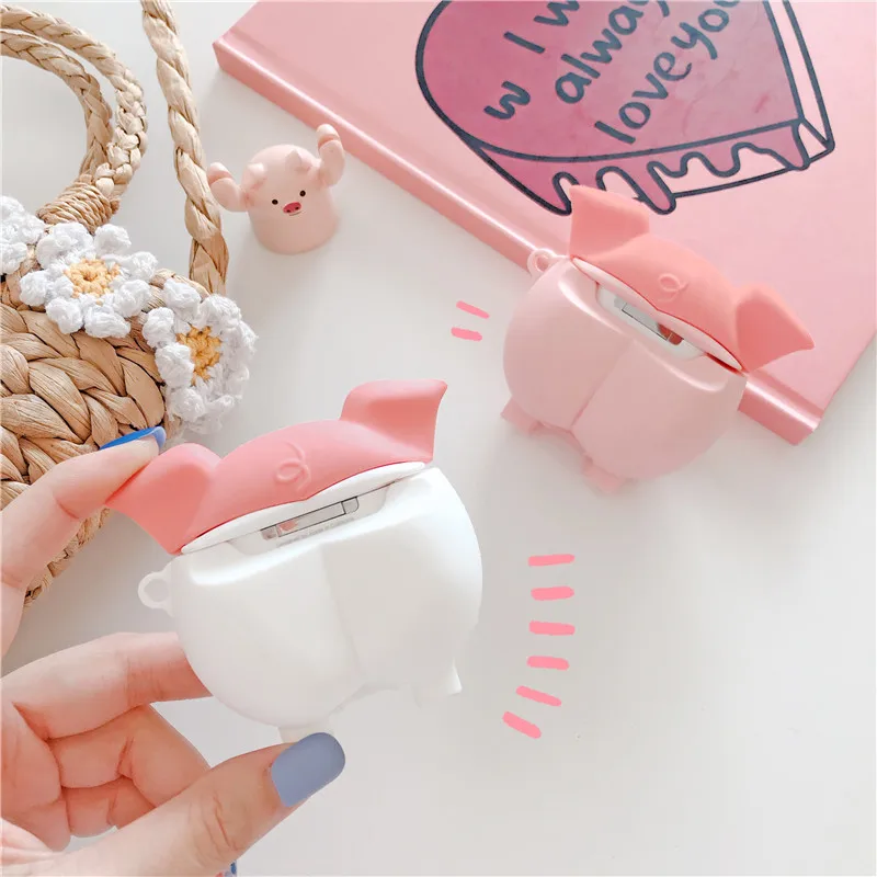 Милый мягкий силиконовый чехол для Airpods 2 с 3D рисунком розовой свиньи женщин и