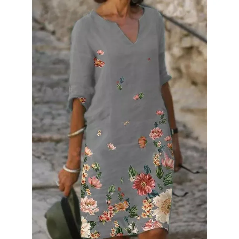

Half Sleeved Summer Floral Print Boho Dress Women S-3XL Plus Size Loose Casual Black White Sundress Split V-Neck Summer Dresses