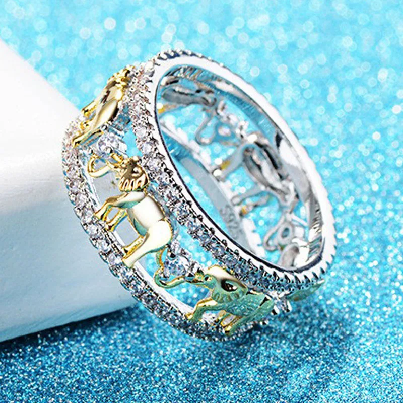 

Popular Two Colors Elephant Animal Shaped Ring Bling Iced Out AAA CZ Rhinestone Zircon for Women Men Party Jewelry