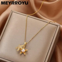meyrroyu stainless steel starfish pearl necklaces for women luxury fashion be opened pendant gold necklace jewelry 2021 trend