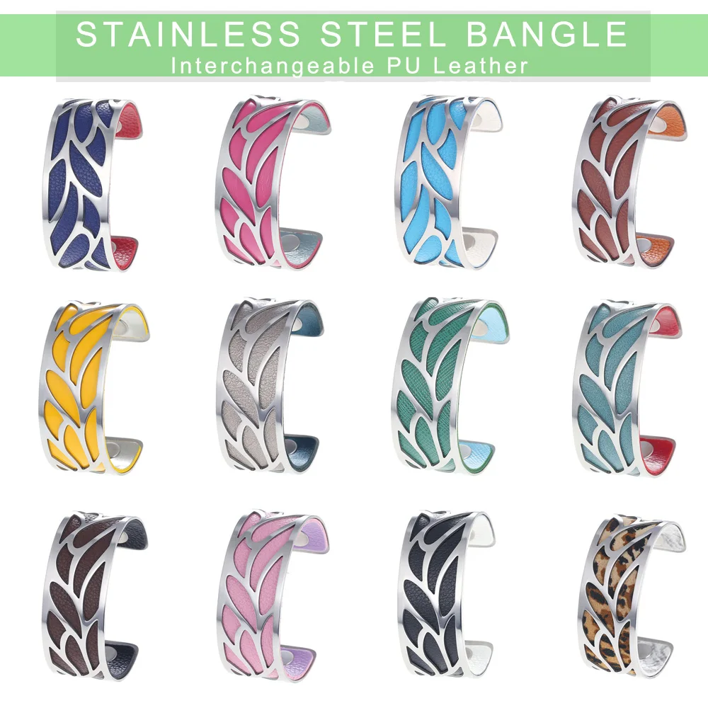 Cremo Interchangeable Leather Necklace Bracelets set Manchette Femme Leaf Necklace Bangle Stianless Steel Jewelry Christmas Gift