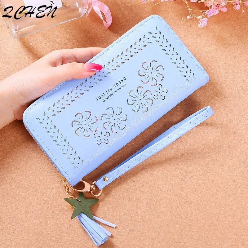 Женские кошельки на молнии кожаные с кисточкой ажурный цветочный клатч женская