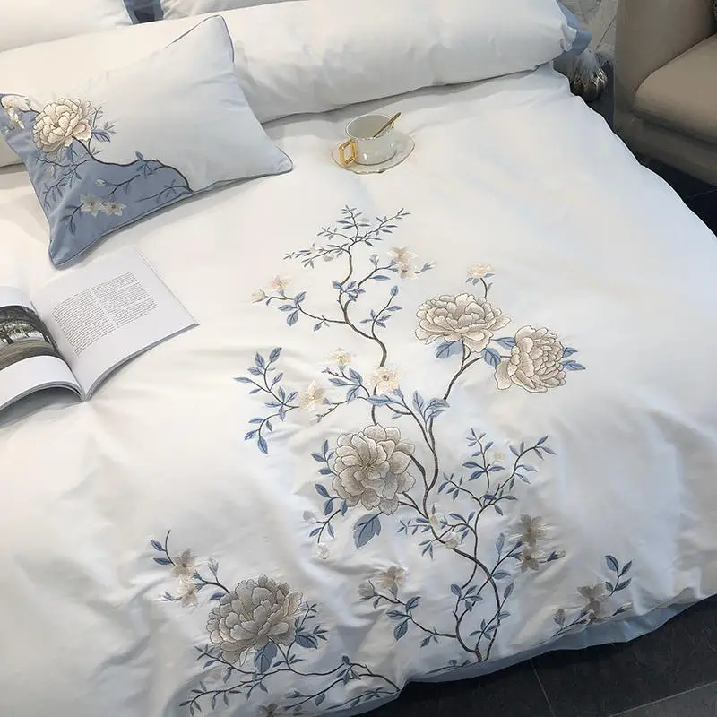 Комплект постельного белья с вышитыми цветами пиона пододеяльник длинными
