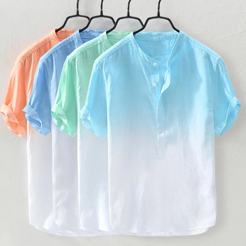 

Men Cool Cotton Linen Shirt Breathable Gradient Color Casual Summer Short Sleeve Beach Shirt Tops Holiday Vacation Clothing -OPK