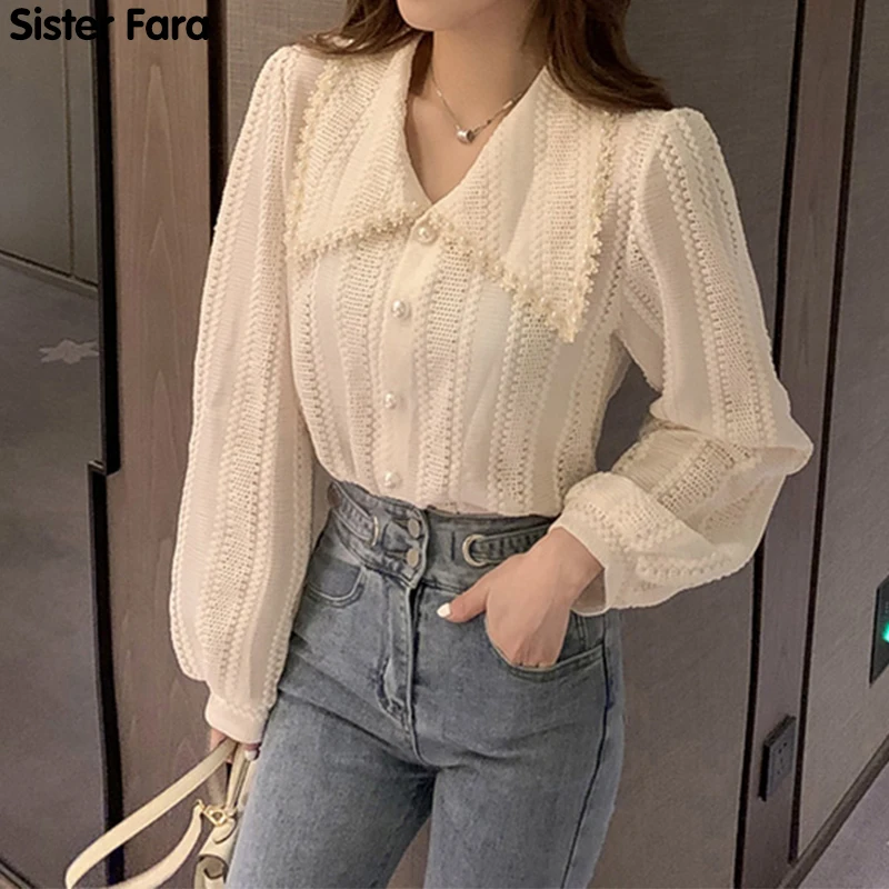 

Sister Fara New Spring V-Neck Chiffon Blouses Women Hollow Out Patchwork Lantern Sleeve Solid Tops 2021 Autumn Office Lady Shirt