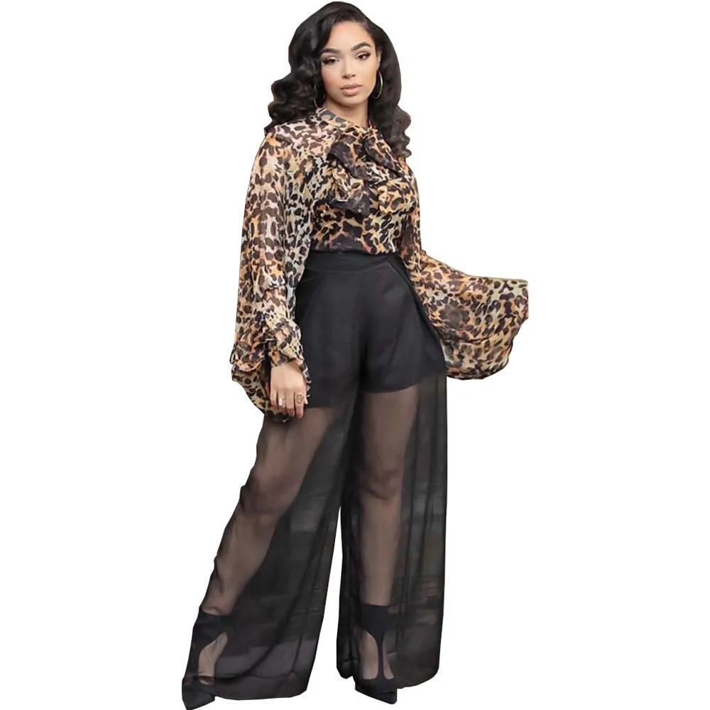Женский комбинезон с леопардовым принтом шифоновый в стиле пэчворк широкими