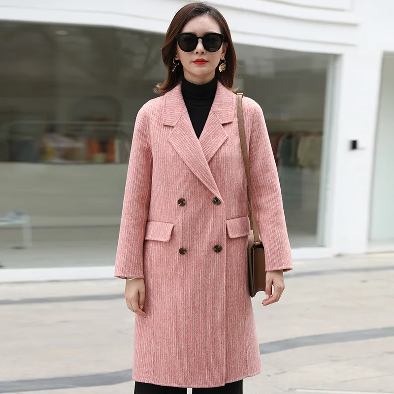 

2020 autumn and winter Korean version of the new double-sided cashmere high-end long double-breasted lapel wool women's jacket