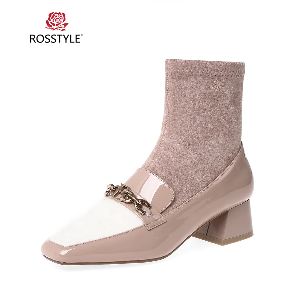 Beste ROSSTYLE Hoge Kwaliteit Vrouw Winter Enkellaars Handgemaakte Lederen Stretch Stof Ronde Neus Lage Hak Schoenen Elegante Laarzen
