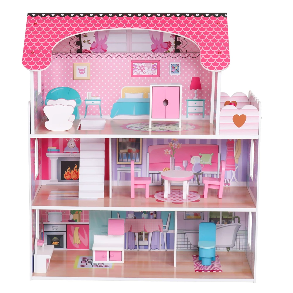 

Doll house Three floors Large Children's Wooden Dollhouse Kid House Play Pink with Furniture