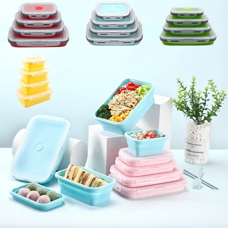 

Silicone Lunch Box Rectangle Collapsible Food Storage Container with Lids Microwavable Freezing Picnic Portable Dinnerware