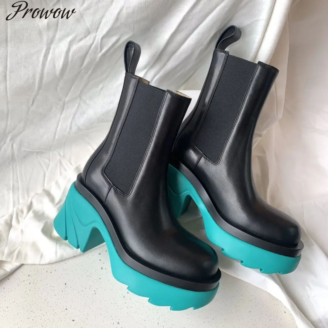 

Prowow Women's Boots High Heel Platform Round Toe Mid-Calf Ladies Modern Boots Slip On Casual Genuine Leather