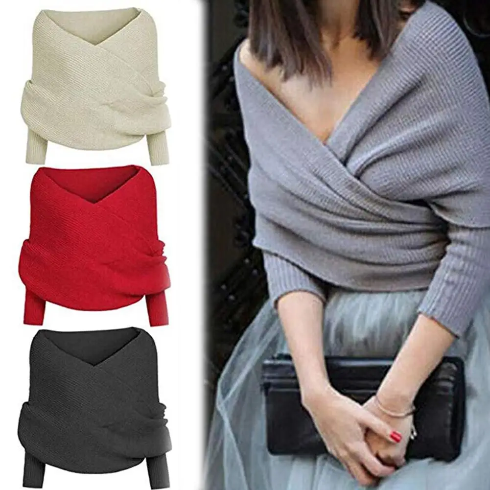 

Winter Sexy V Neck Off Shoulder Long Sleeve Knitted Sweater Warm Pullover Top