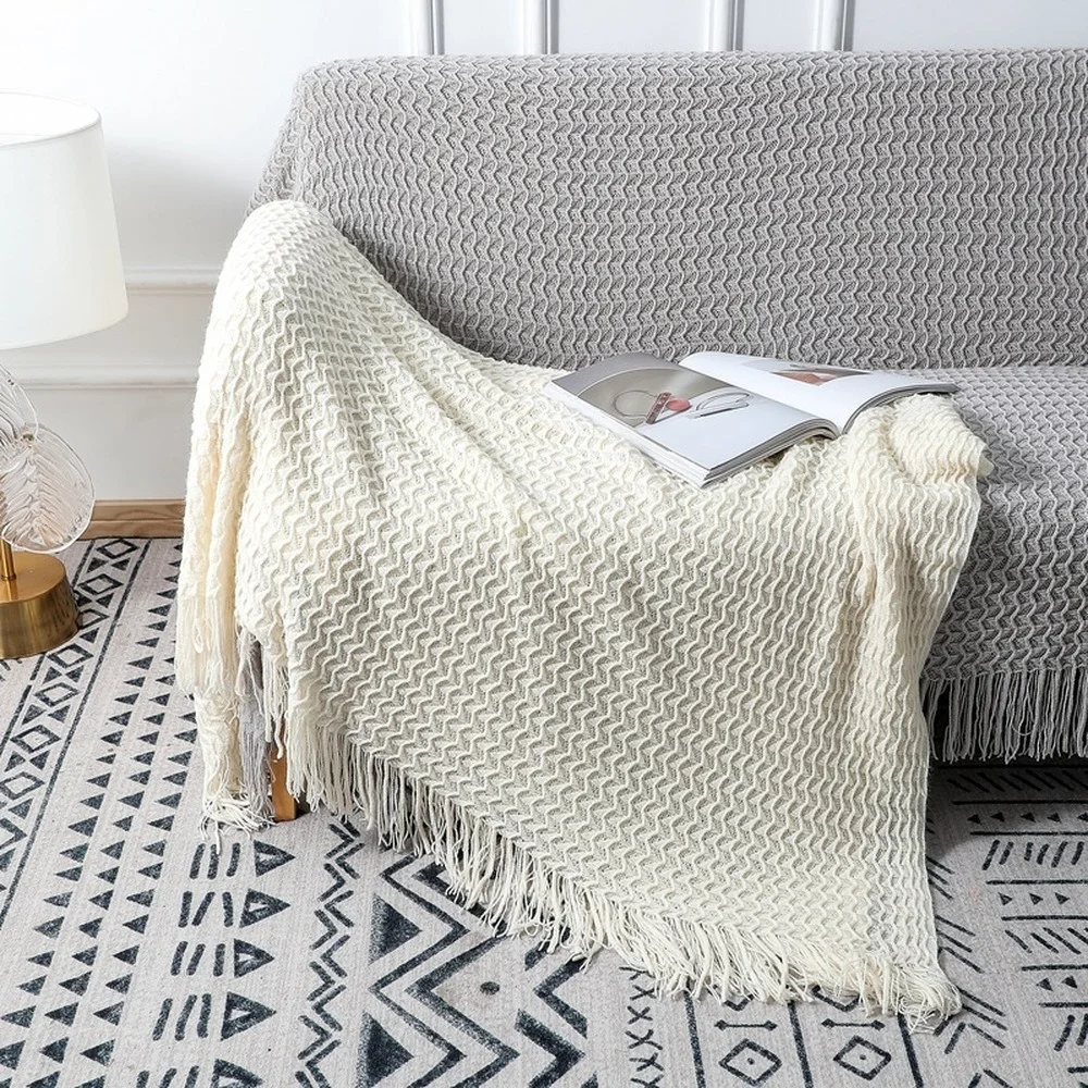 

127*173cm Nordic Solid Color Chunky Knitted Throw Soft Sofa Bed Sofa Bed Plush Blanket Including Tassels Home Decor