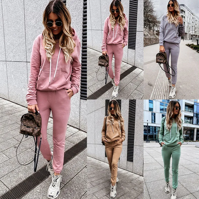 2020 Теплый Женский комплект с длинным рукавом Толстовка С Карманами спортивные