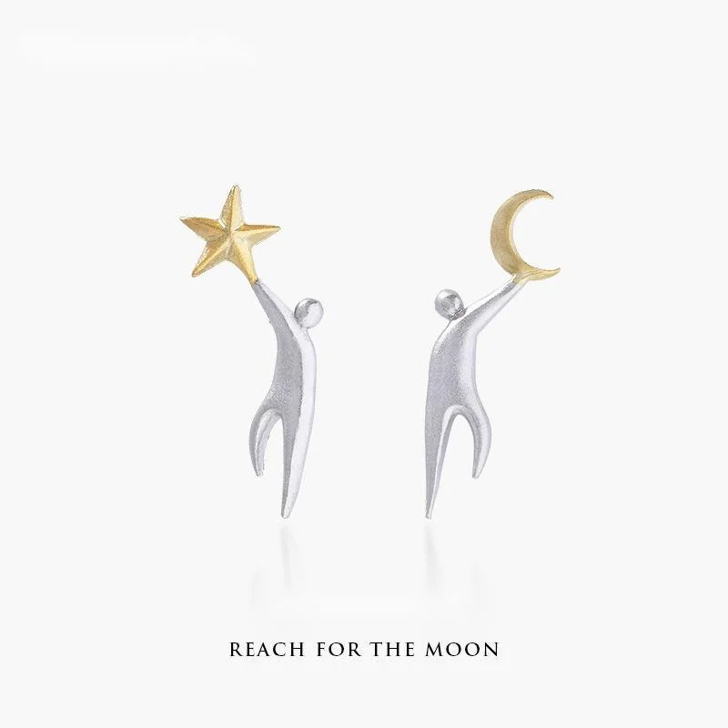

S925 Sterling Silver Personality Picking Star Moon Earrings for Female Asymmetric Simple Ear Studs Hip Hop Style Jewelry