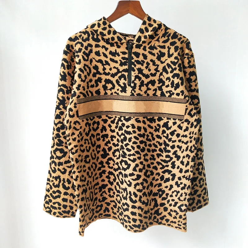 

designer fashion fall branded sweatshirt women clothes knitted Leopard jacquard letter logoed long sleeve wool blended hoodie