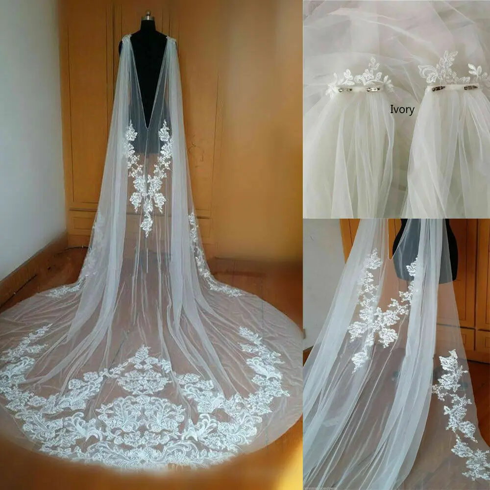 

Cathedral Wedding Cape Bridal Jacket Cloak 3M Long Lace Shoulder Veil Plus Size