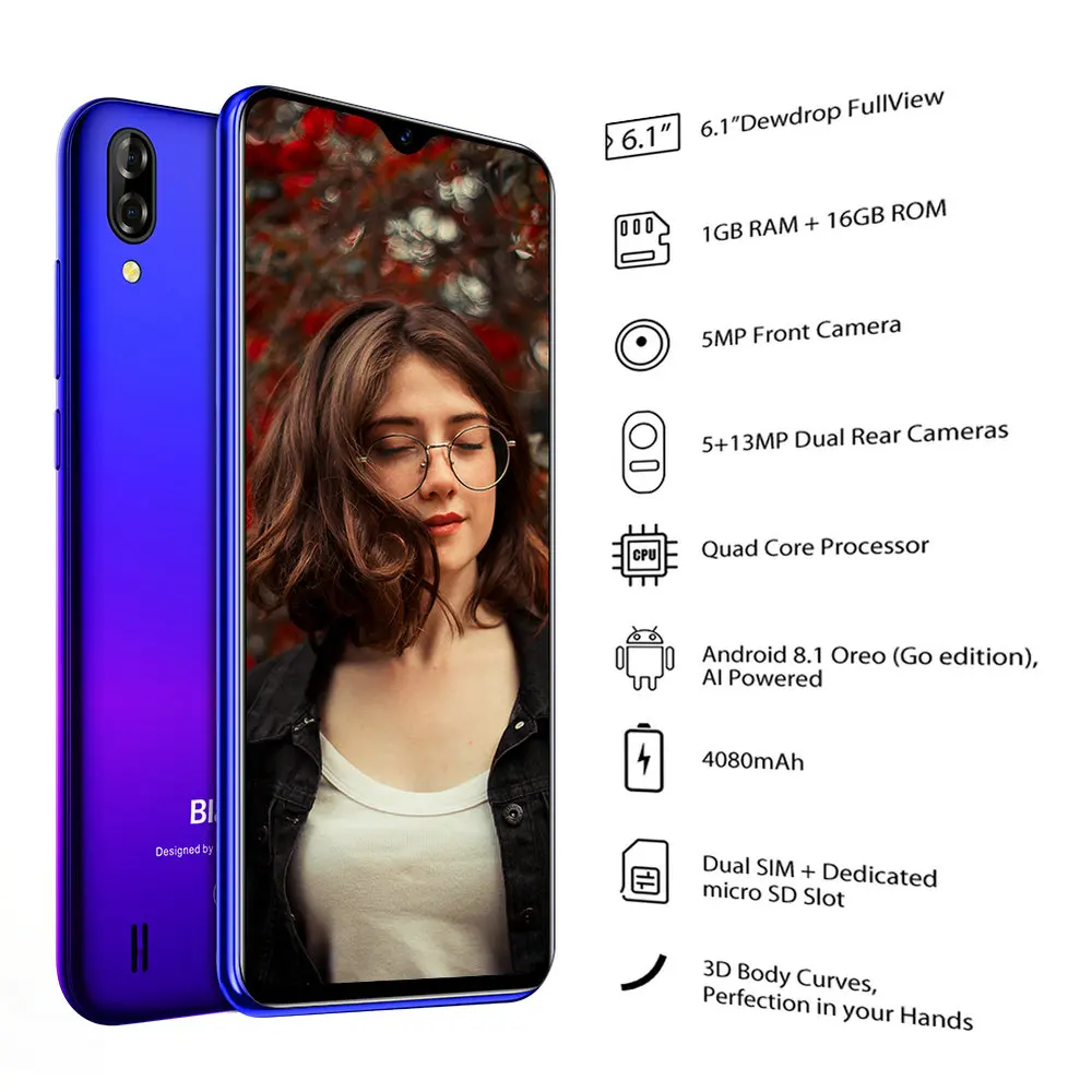 Blackview A60, смартфон, 4080 мАч, 19,2: 9, HD экран, 1 Гб+ 16 ГБ, Android 8,1, 13 МП+ 5 МП, RGB, 3G, мобильный телефон