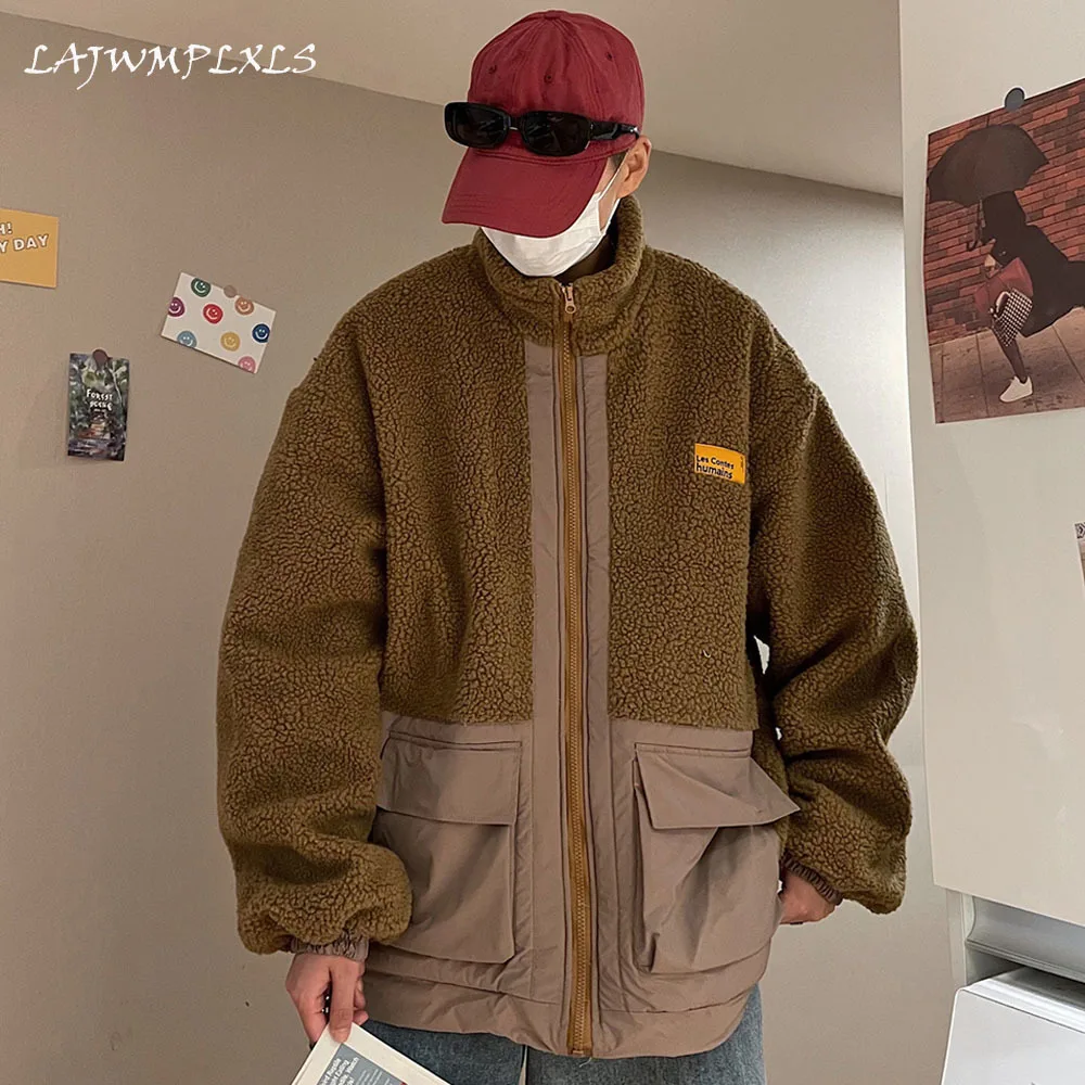 

Mens Parkas Coat 2021 Winter Warm Patched Lamb Jacket Mens Harajuku Oversized Thick Outwear Streetwear