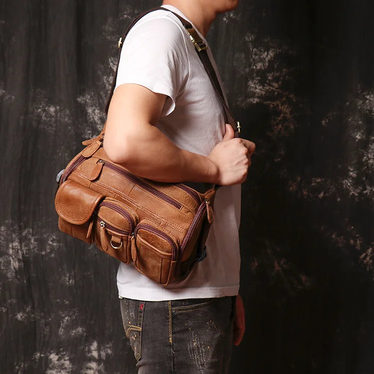 Large capacity genuine leather men's chest bag retro fashion casual real cowhide daily sports big shoulder messenger bags