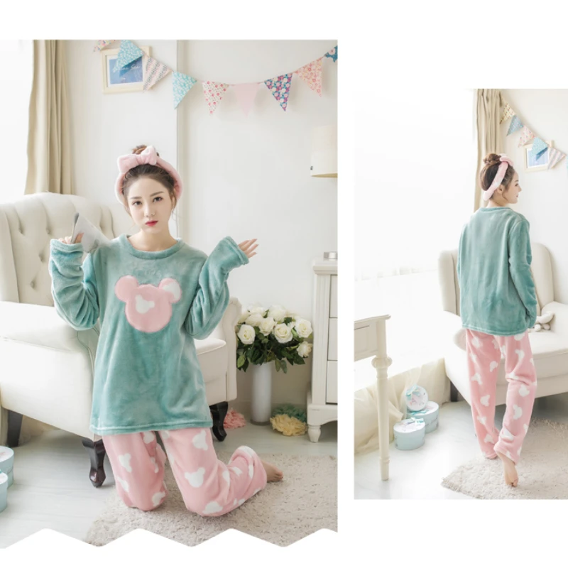 Disney Mickey Graphics Winter Flannel Pajama Set Womens Fleece Pajamas Sleepwear Home Clothing Female Nightgown Suit Pajama Fall