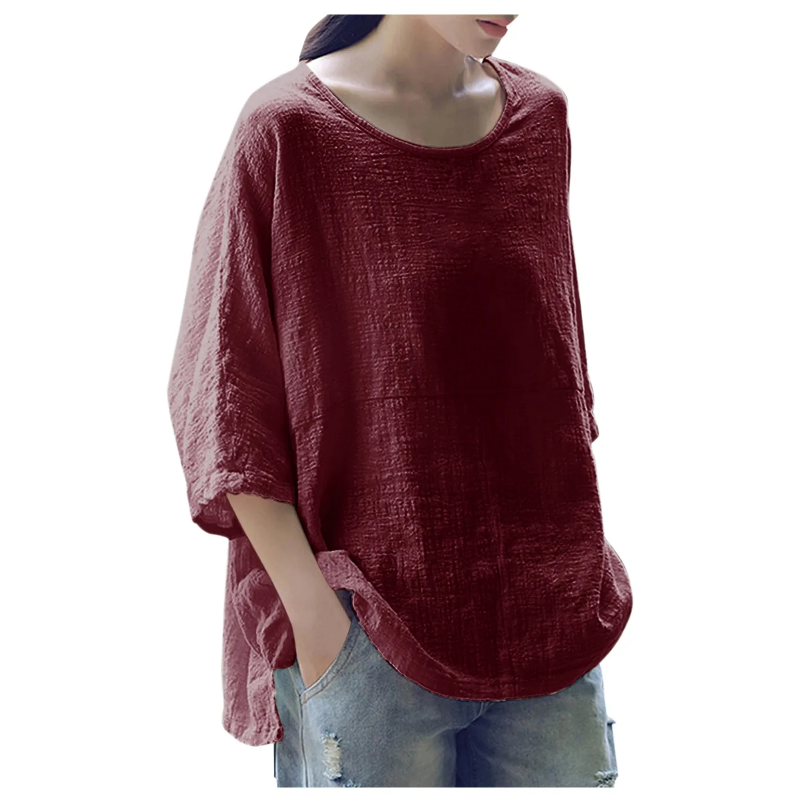 

Women Solid Color Cotton Blend Round Neck Three-quarter Sleeve Top Blusas Y Camisas Femme Блузки Женские Новинки Рубашка Camisa