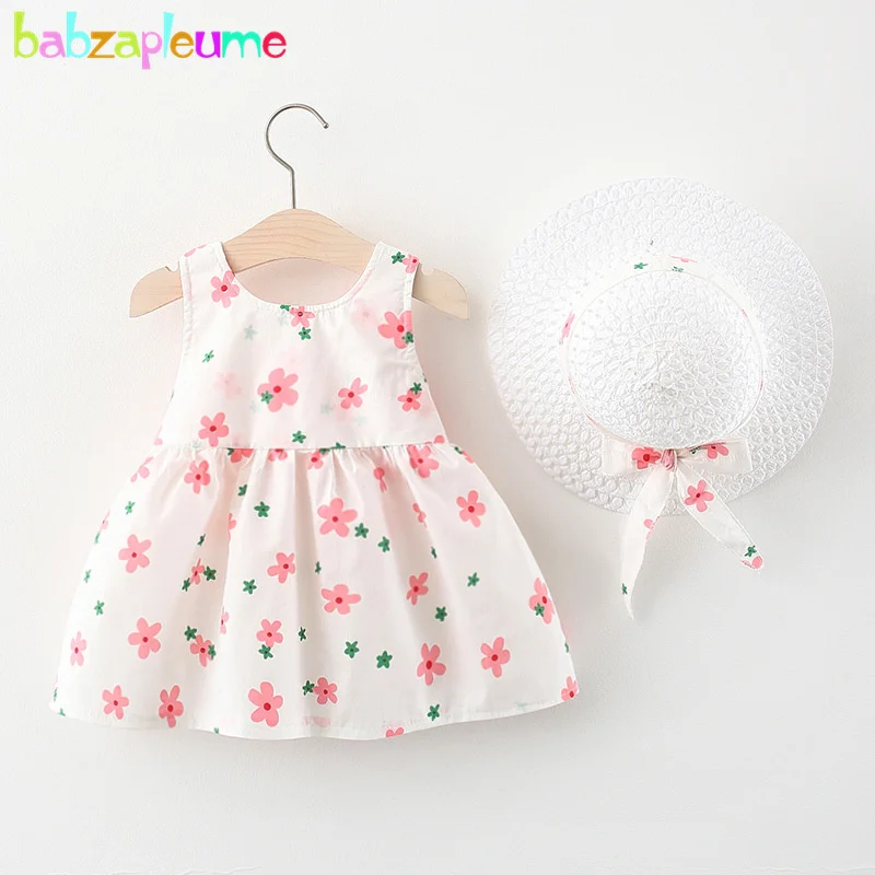 

babzapleume 2Piece Summer Toddler Girl Clothes Set Cute Flowers Big Bow Sleeveless Baby Beach Dress+Hats Newborn Dresses 064