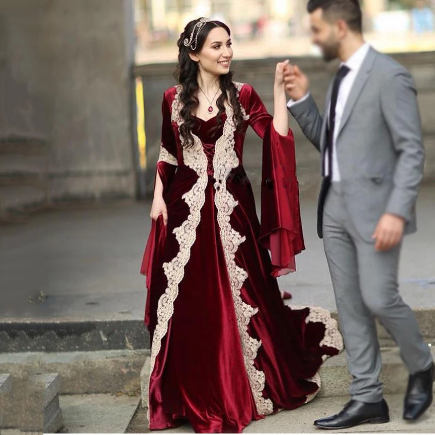 Soworthy марокканское мусульманское вечернее Платье бордовое велюровое с длинным