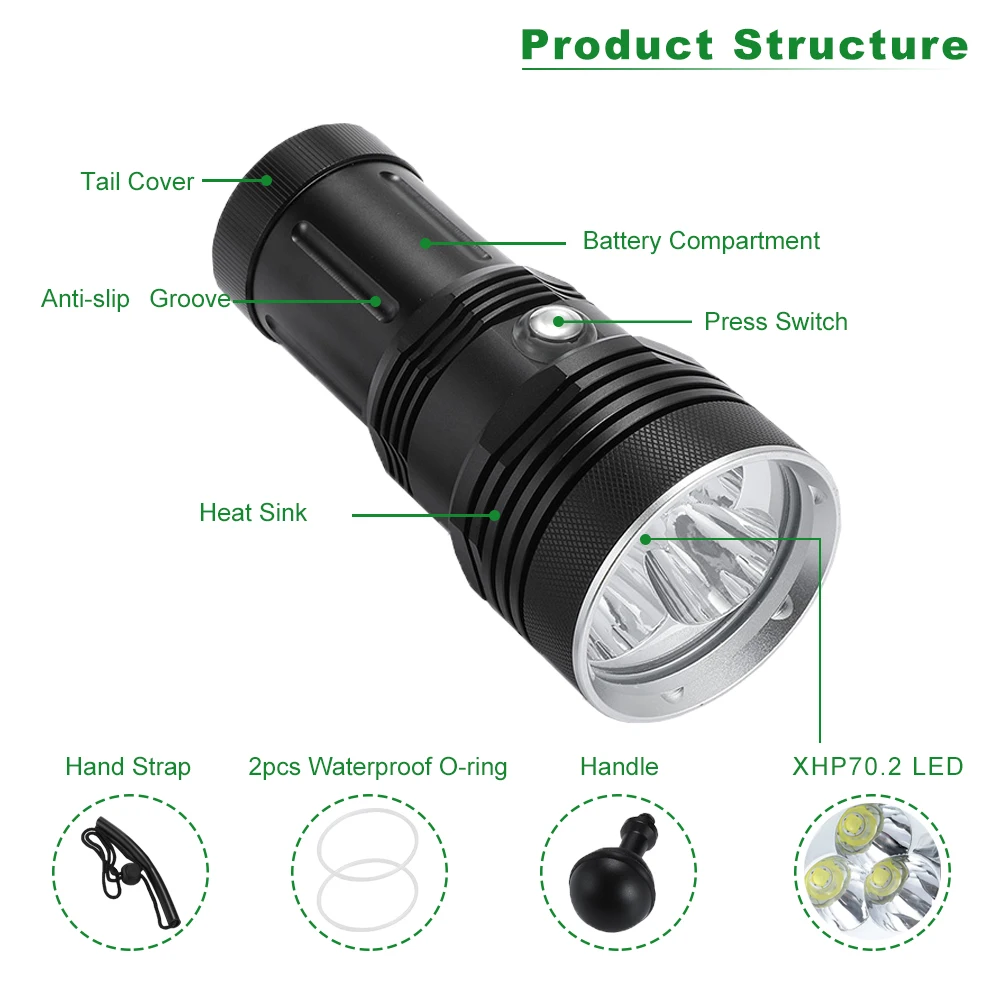 Jual Tinggi Kuat Senter 7000LM XHP70 LED Senter Selam Underwater 100m IPX9 Tahan Air Lampu Hiking Camping Berburu Lanterna