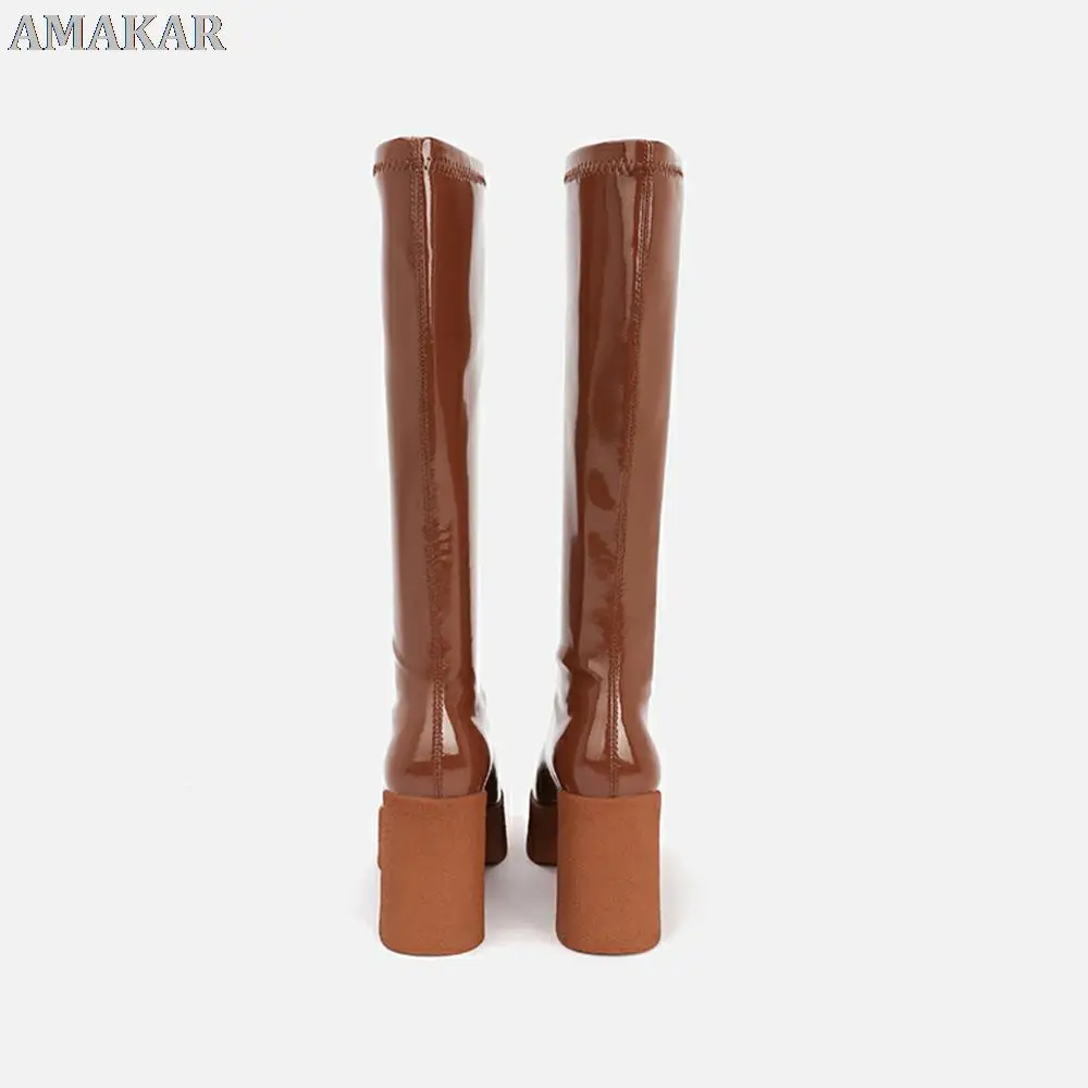 

Женские сапоги до колена, новинка 2020, коричневые рыцарские сапоги на платформе с квадратным носком, высокие сапоги на высоком каблуке