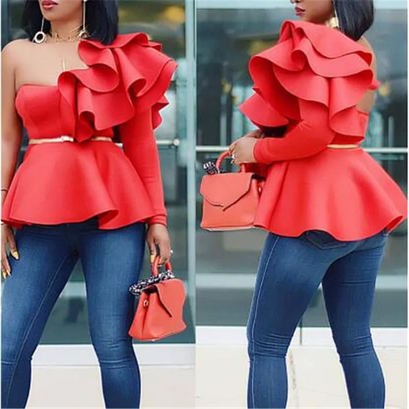 Женская блузка на Одно Плечо Топы пикантные Пеплум с оборками Тонкий вечерние