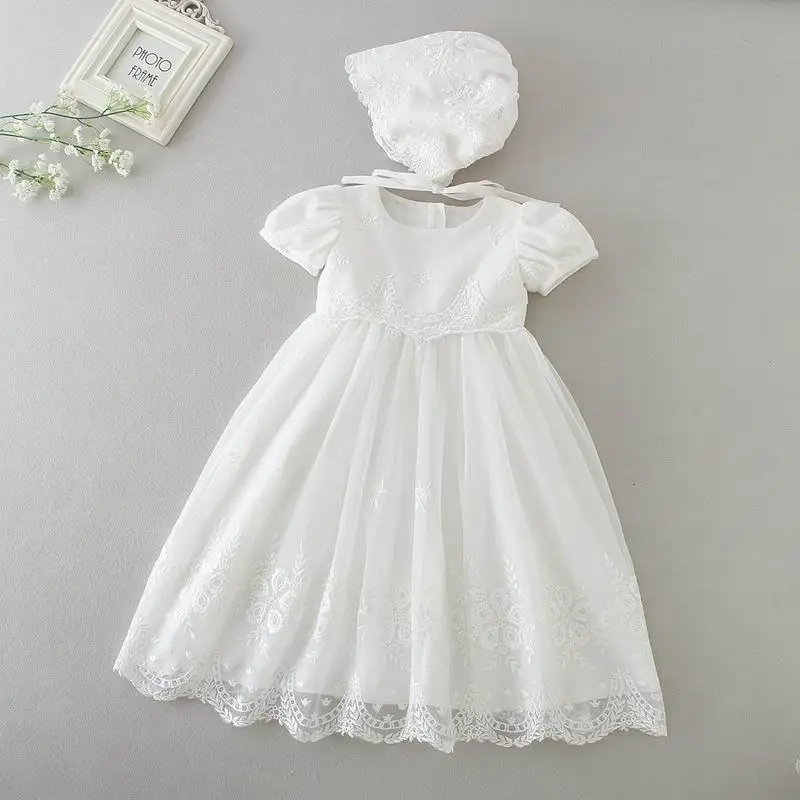 Baby Girl Lengthen Christening Gown First Birthday Girl Princess Lace Baptism Dress+Hat Toddler Baby Clothing 9775BB