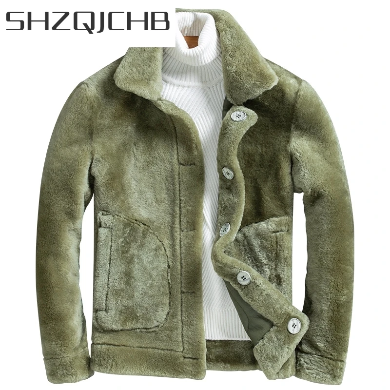 

JCHB 2021 Genuine Leather Mens Short Wide-Waisted Sheepskin Jackets Turn-Down Collar Single Breasted Pockets Reversible Real Fur